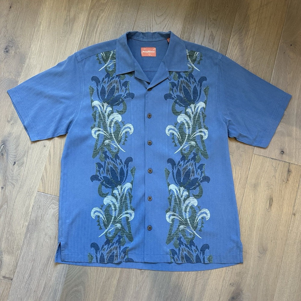 Tommy Bahama Men's 100% Silk Short Sleeve Camp Shirt Blue Floral Jacquard Medium
